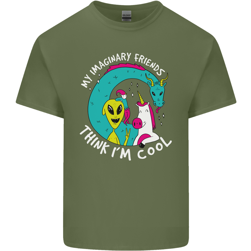 Imaginary Friends Alien Dragon Unicorn Mens Cotton T-Shirt Tee Top Military Green