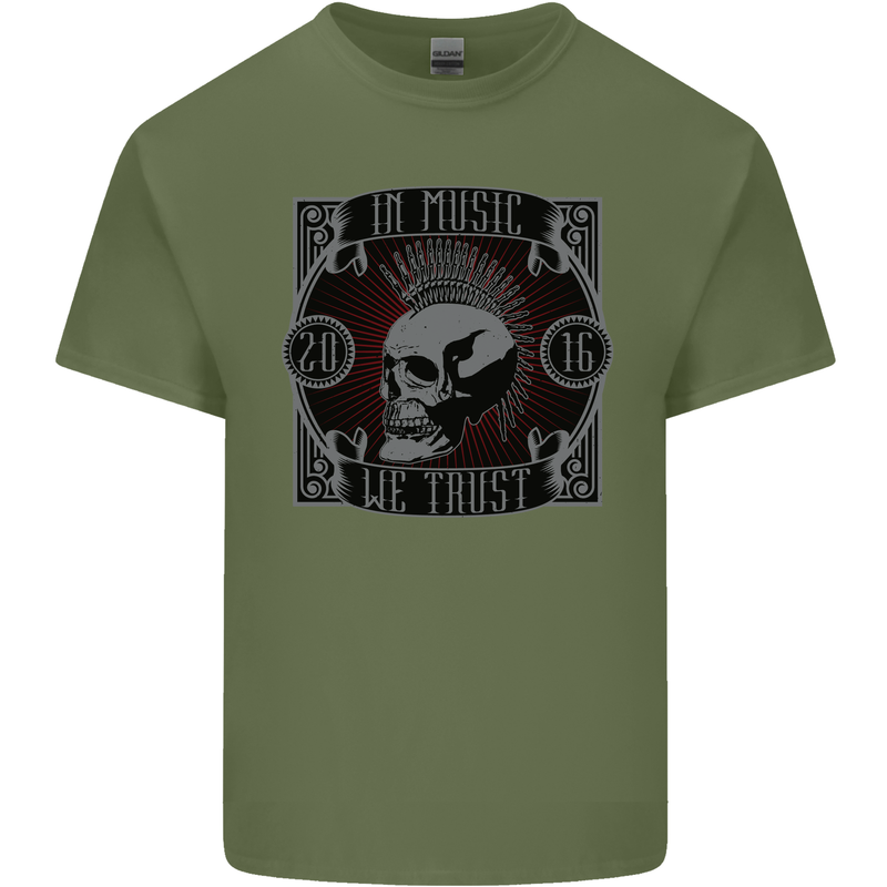 In Music We Trust Punk Rock Skull Mens Cotton T-Shirt Tee Top Military Green