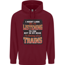 In My Head I'm Thinking About Trains Funny Mens 80% Cotton Hoodie Maroon