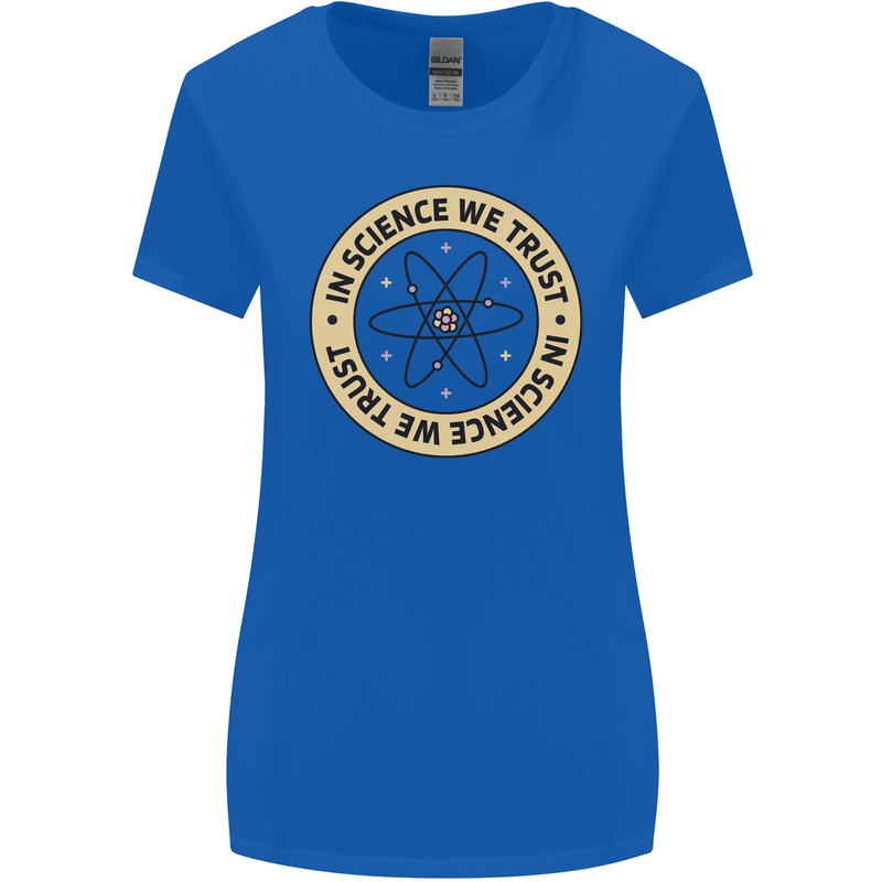 In Science We Trust Physics Geek Nerd Womens Wider Cut T-Shirt Royal Blue