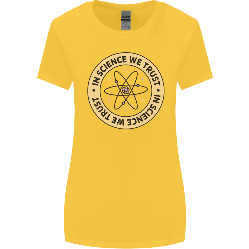In Science We Trust Physics Geek Nerd Womens Wider Cut T-Shirt Yellow