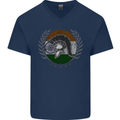 India Bodybuilding Flag Gym Training Indian Mens V-Neck Cotton T-Shirt Navy Blue