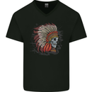 Indian Headdress Skull Native American Biker Mens V-Neck Cotton T-Shirt Black