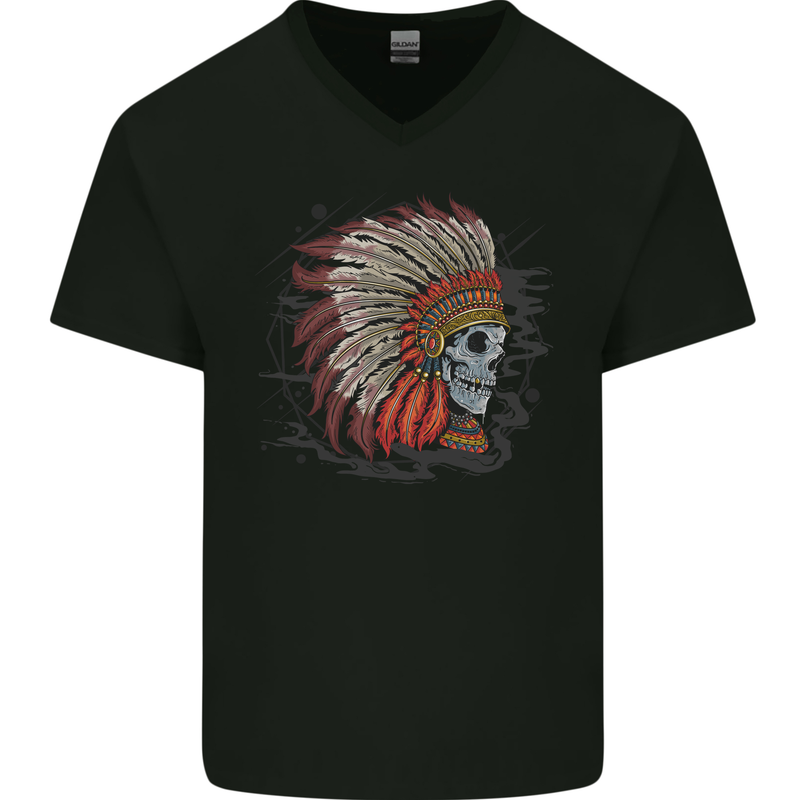 Indian Headdress Skull Native American Biker Mens V-Neck Cotton T-Shirt Black