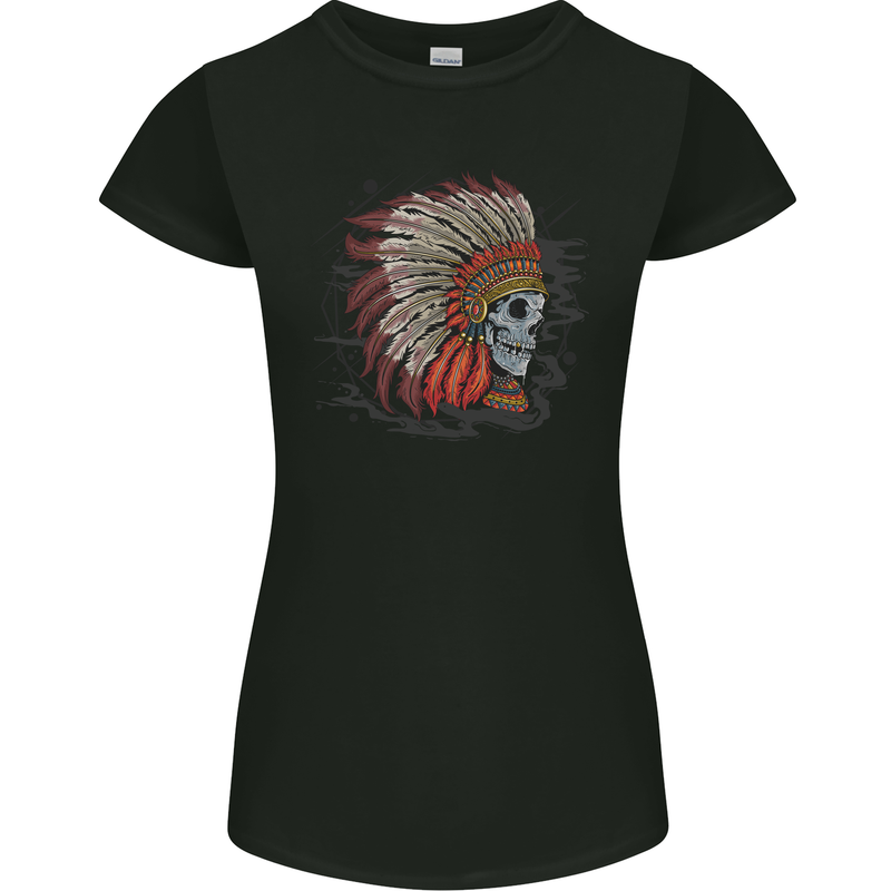 Indian Headdress Skull Native American Biker Womens Petite Cut T-Shirt Black