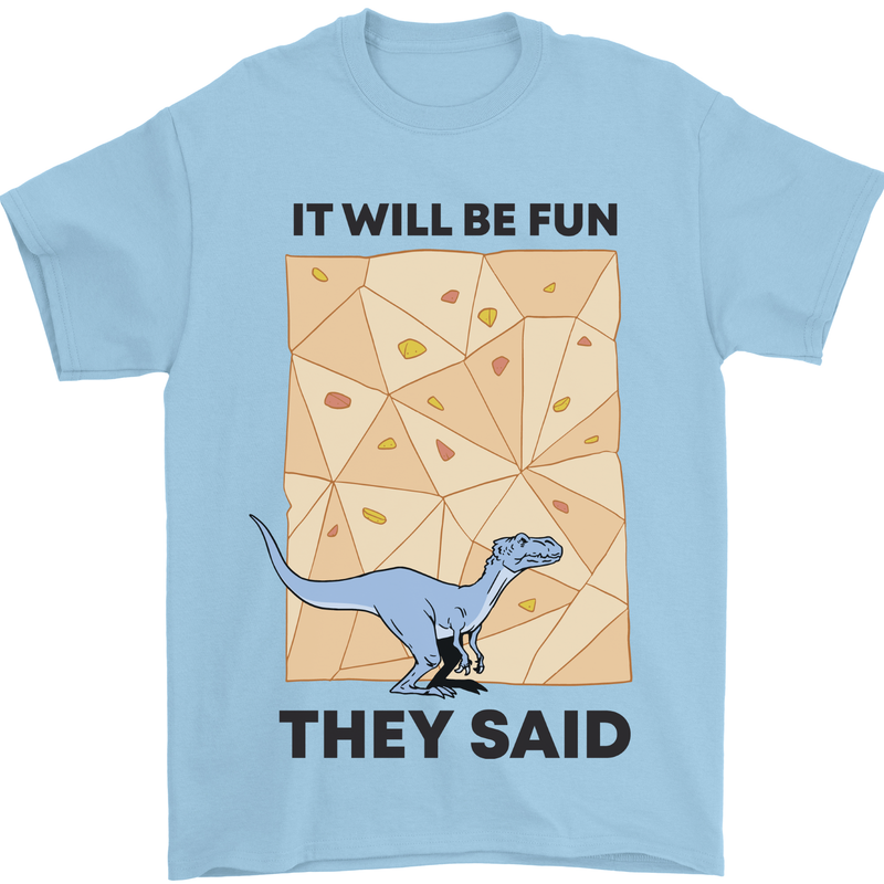 Indoor Rock Climbing Wall Funny T-Rex Dinosaur Mens T-Shirt 100% Cotton Light Blue
