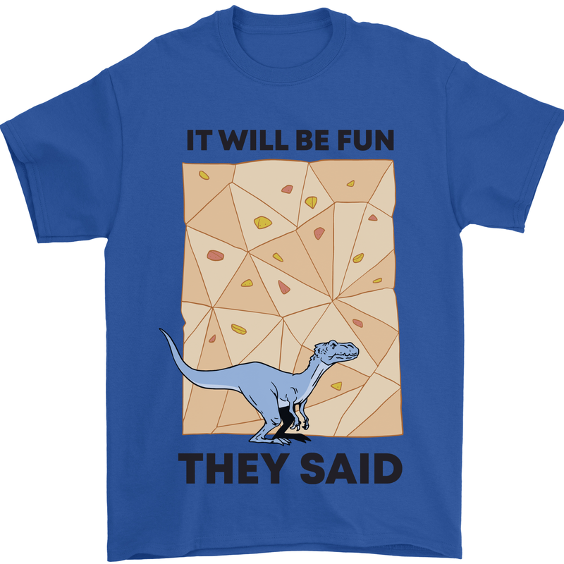 Indoor Rock Climbing Wall Funny T-Rex Dinosaur Mens T-Shirt 100% Cotton Royal Blue