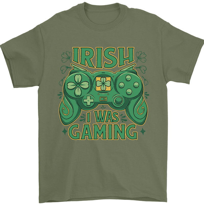 Irish I Was Gaming St Patricks Day Gamer Mens T-Shirt 100% Cotton Military Green