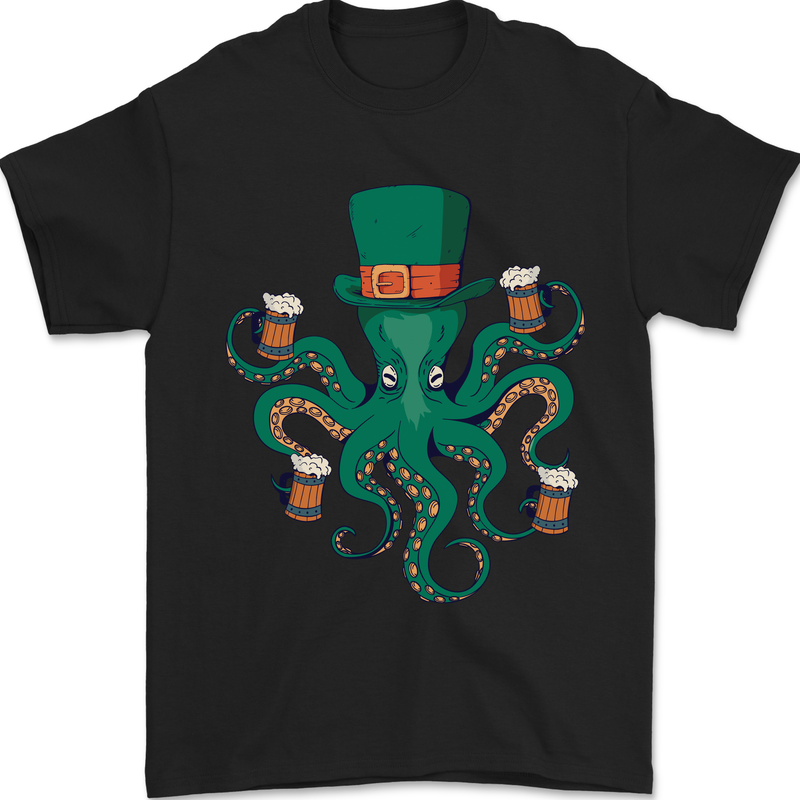 Irish Octopus Funny St Patricks Day Beer Alcohol Mens T-Shirt 100% Cotton Black