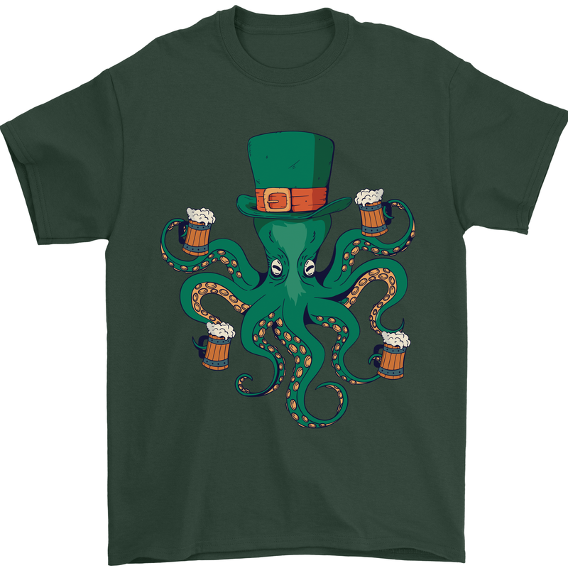 Irish Octopus Funny St Patricks Day Beer Alcohol Mens T-Shirt 100% Cotton Forest Green