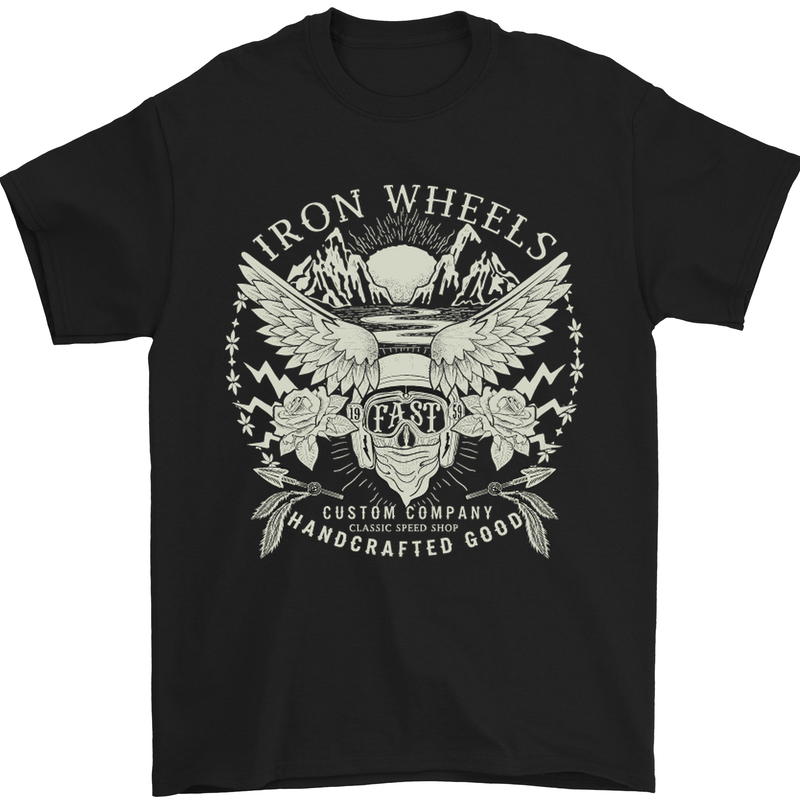 a black t - shirt with a skull and wings on it