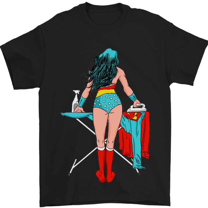 a superhero woman ironing clothes on a ironing board