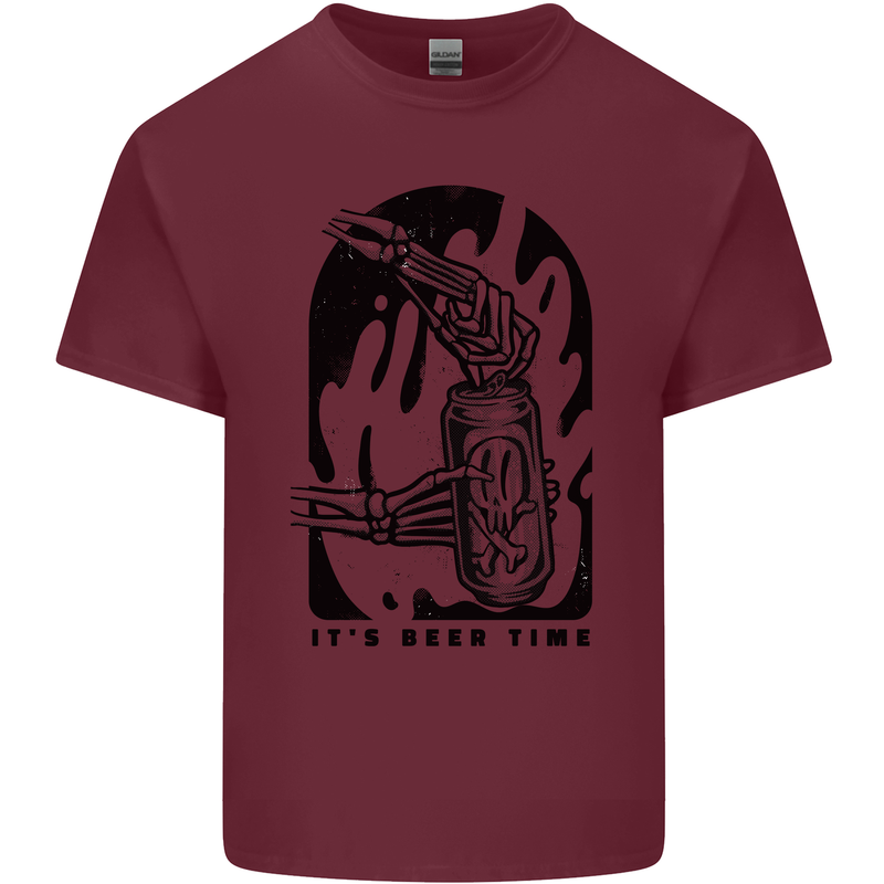 It's Beer Time Skeleton Hand Skull Mens Cotton T-Shirt Tee Top Maroon