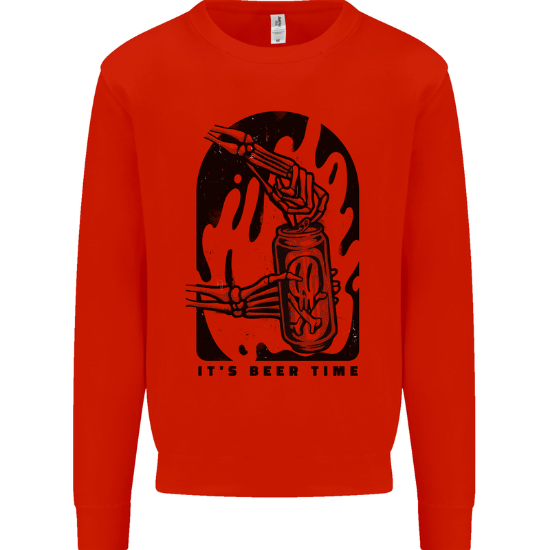 It's Beer Time Skeleton Hand Skull Mens Sweatshirt Jumper Bright Red