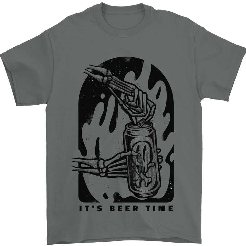 It's Beer Time Skeleton Hand Skull Mens T-Shirt 100% Cotton Charcoal