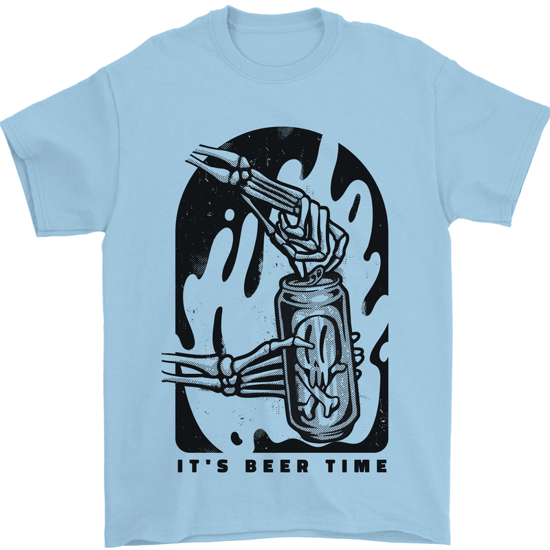 It's Beer Time Skeleton Hand Skull Mens T-Shirt 100% Cotton Light Blue