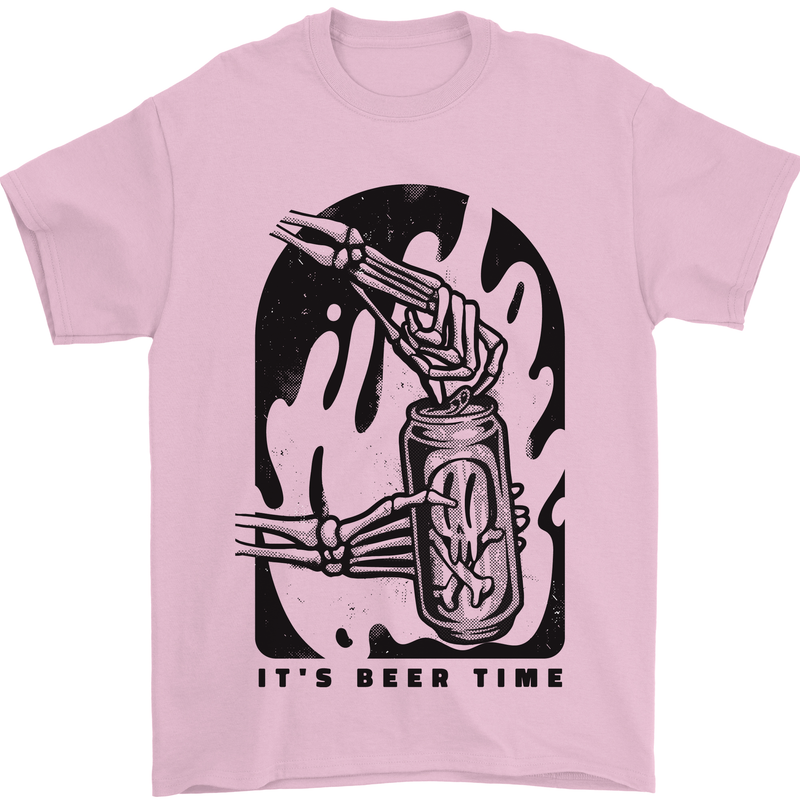 It's Beer Time Skeleton Hand Skull Mens T-Shirt 100% Cotton Light Pink