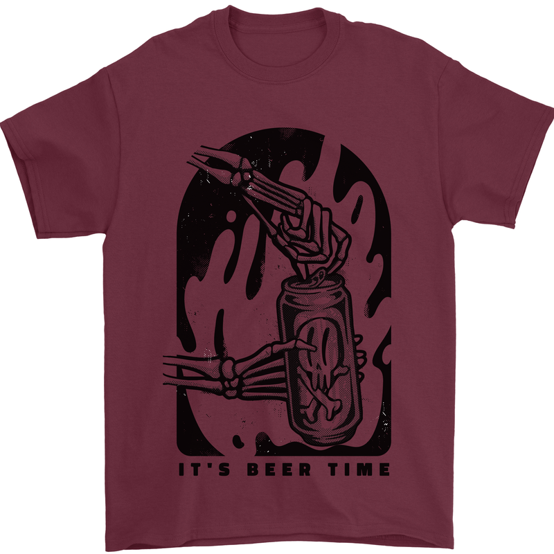 It's Beer Time Skeleton Hand Skull Mens T-Shirt 100% Cotton Maroon