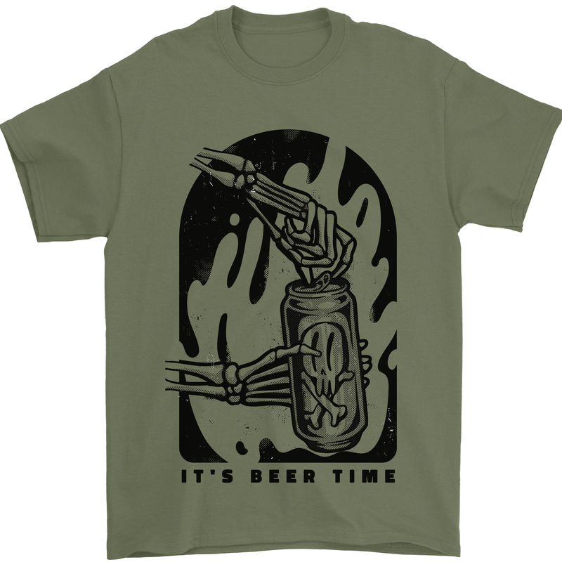 It's Beer Time Skeleton Hand Skull Mens T-Shirt 100% Cotton Military Green