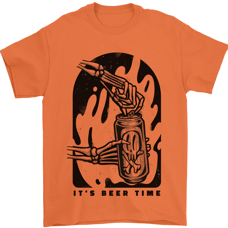 It's Beer Time Skeleton Hand Skull Mens T-Shirt 100% Cotton Orange