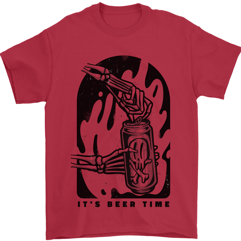 It's Beer Time Skeleton Hand Skull Mens T-Shirt 100% Cotton Red