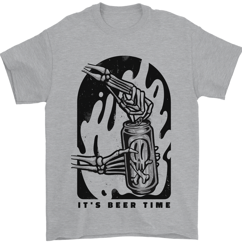 It's Beer Time Skeleton Hand Skull Mens T-Shirt 100% Cotton Sports Grey