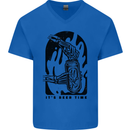 It's Beer Time Skeleton Hand Skull Mens V-Neck Cotton T-Shirt Royal Blue