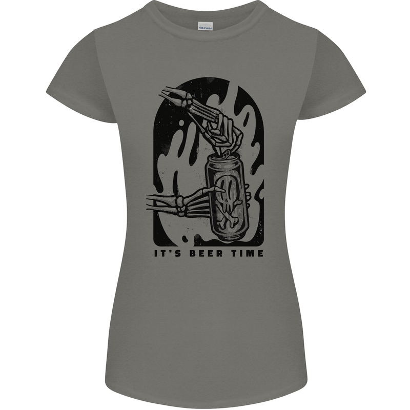 It's Beer Time Skeleton Hand Skull Womens Petite Cut T-Shirt Charcoal