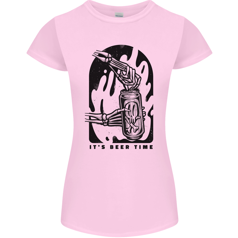 It's Beer Time Skeleton Hand Skull Womens Petite Cut T-Shirt Light Pink