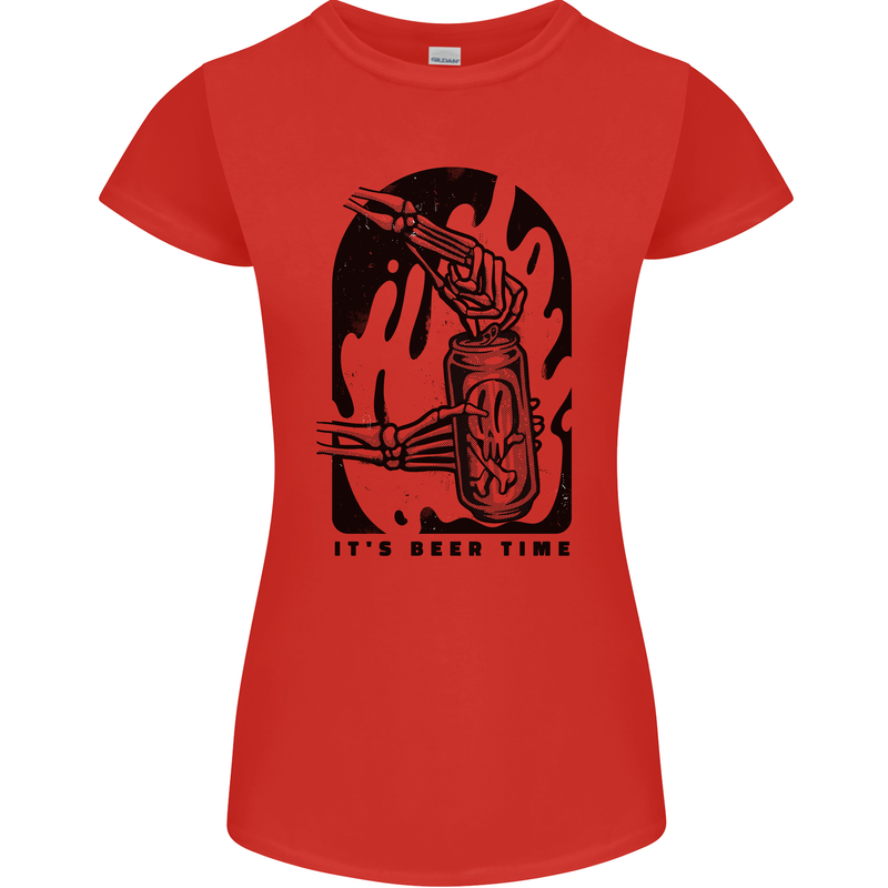 It's Beer Time Skeleton Hand Skull Womens Petite Cut T-Shirt Red