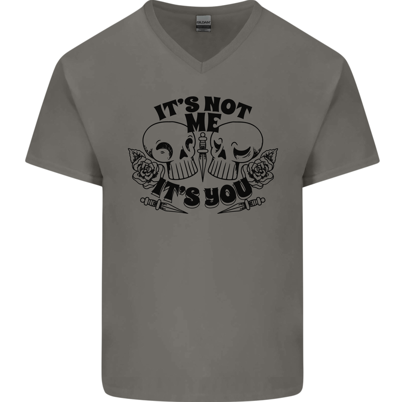 It's Not Me Anti Valentines Singles Day Skull Mens V-Neck Cotton T-Shirt Charcoal