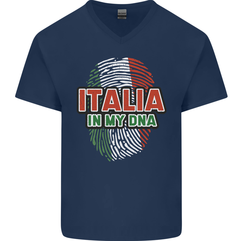 Italia in My DNA Italy Flag Football Rugby Mens V-Neck Cotton T-Shirt Navy Blue