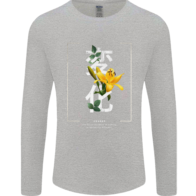 Japanese Flowers Quote Japan Change Mens Long Sleeve T-Shirt Sports Grey