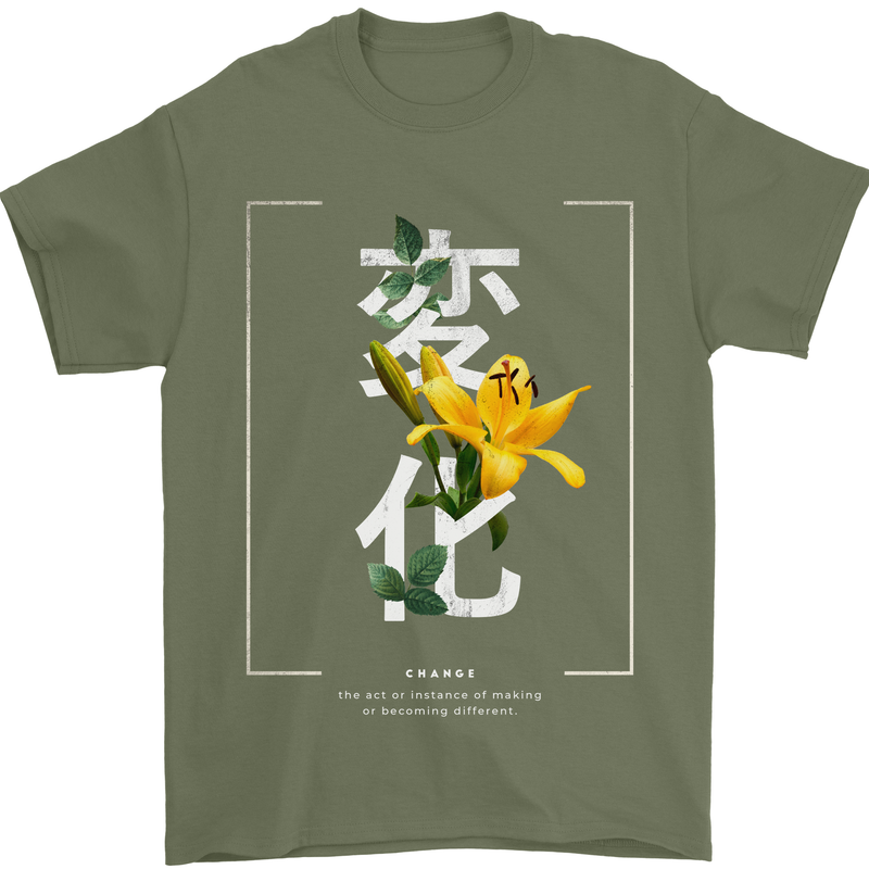 Japanese Flowers Quote Japan Change Mens T-Shirt 100% Cotton Military Green