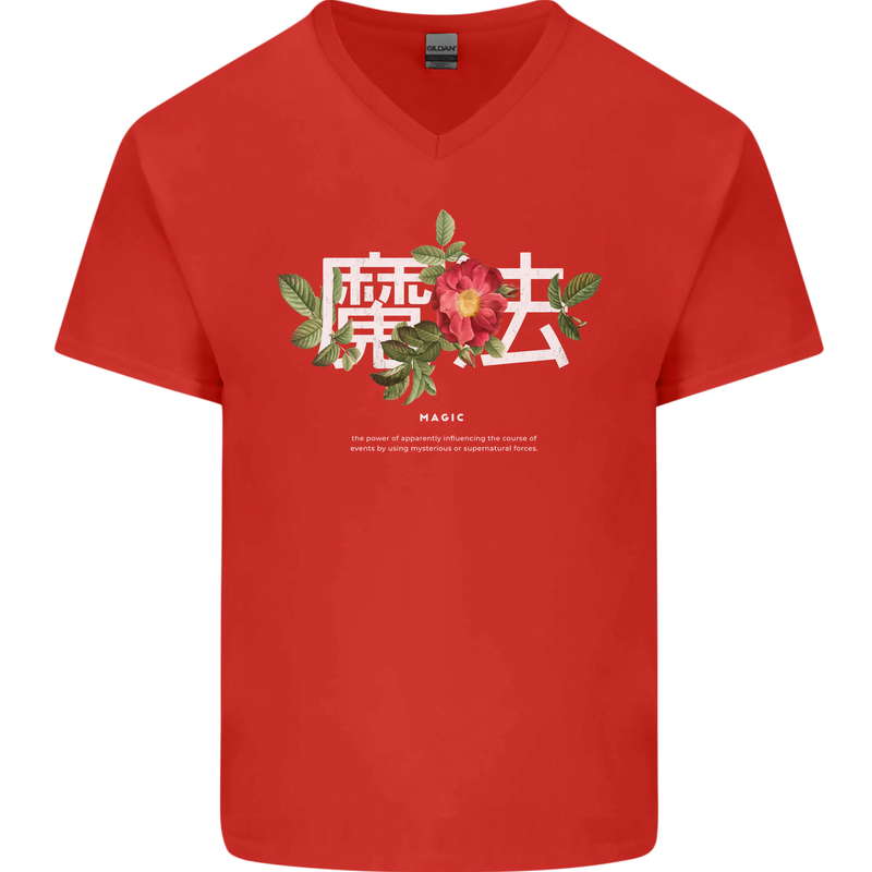 Japanese Flowers Quote Japan Magic Mens V-Neck Cotton T-Shirt Red