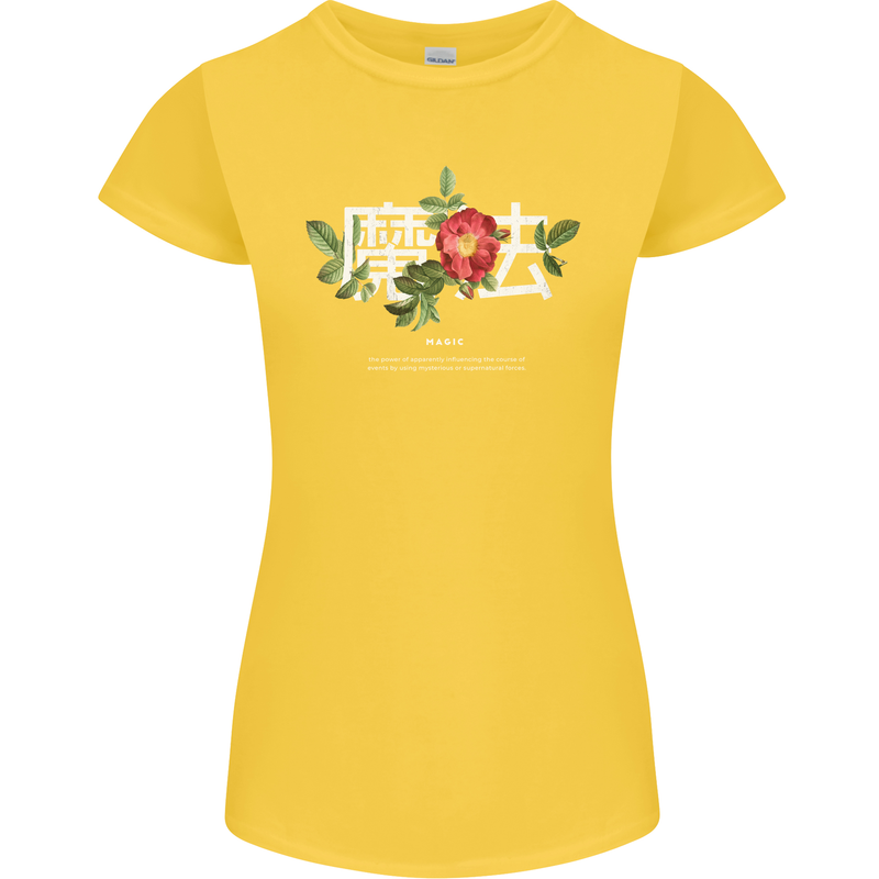 Japanese Flowers Quote Japan Magic Womens Petite Cut T-Shirt Yellow