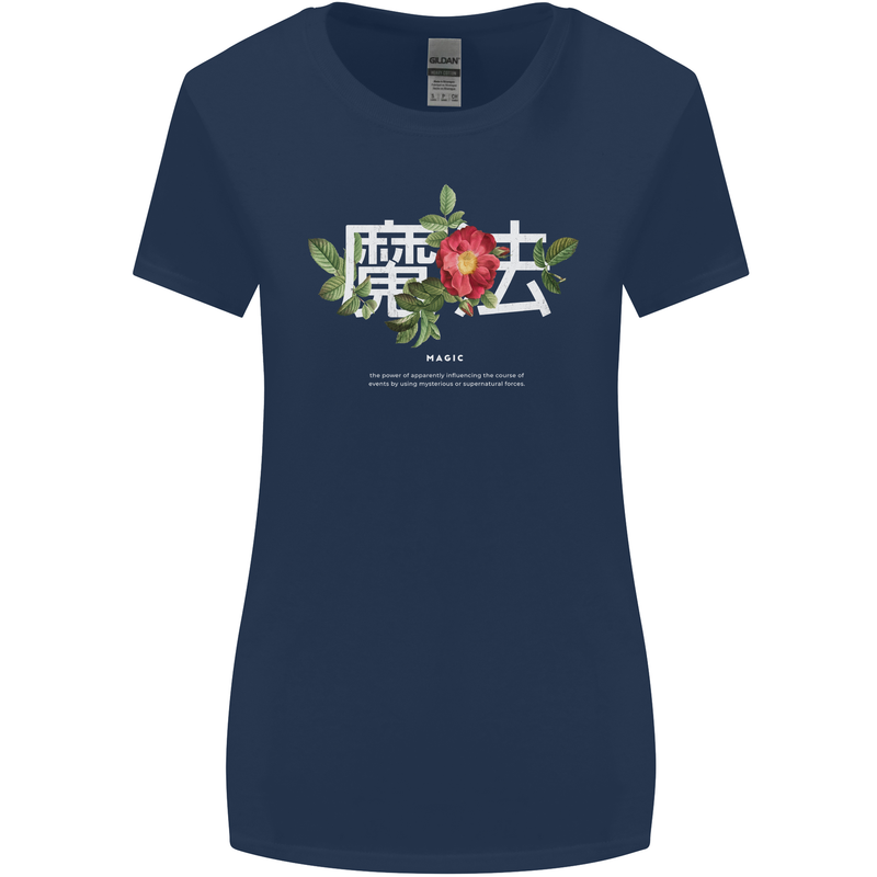 Japanese Flowers Quote Japan Magic Womens Wider Cut T-Shirt Navy Blue