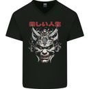 Japanese Oni Mask Mens V-Neck Cotton T-Shirt Black
