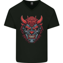 Japanese Oni Mask Samurai Ronin Bushido Mens V-Neck Cotton T-Shirt Black