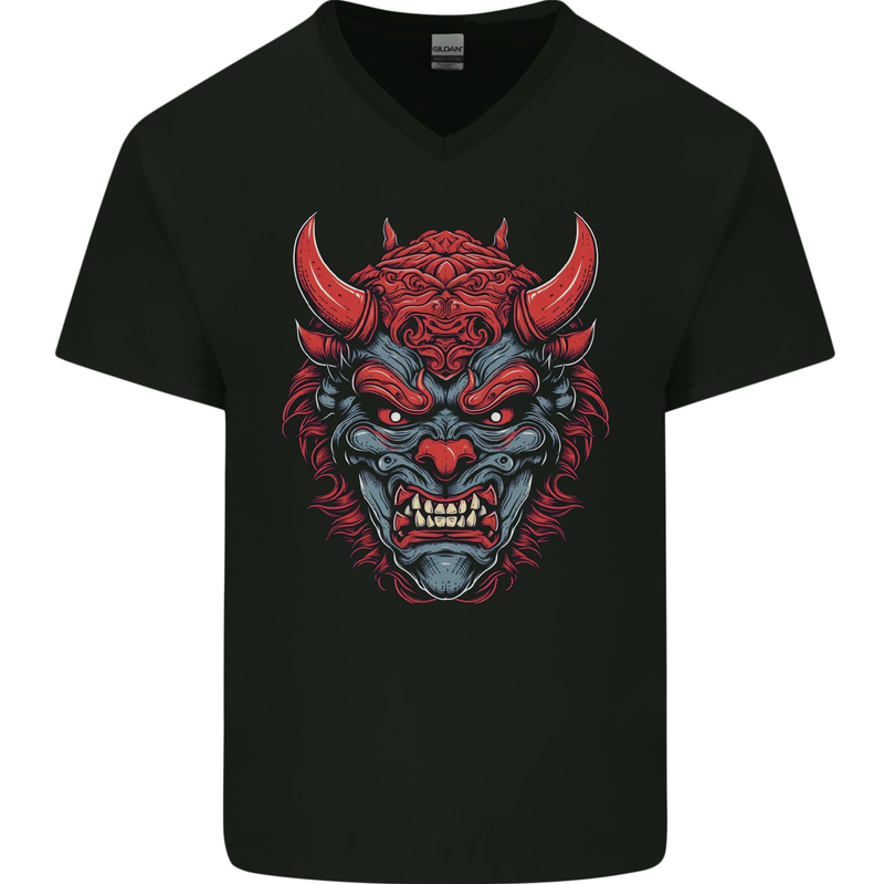 Japanese Oni Mask Samurai Ronin Bushido Mens V-Neck Cotton T-Shirt Black