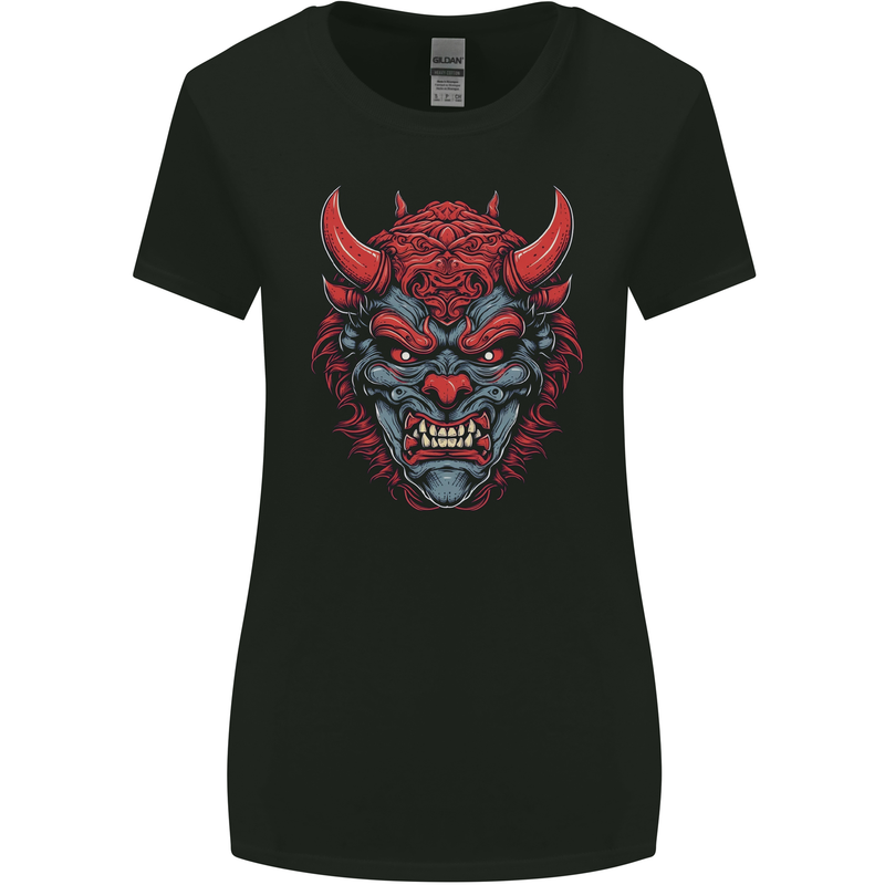 Japanese Oni Mask Samurai Ronin Bushido Womens Wider Cut T-Shirt Black