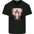 Japanese Tori Gate and Sunset Garden Mens V-Neck Cotton T-Shirt Black