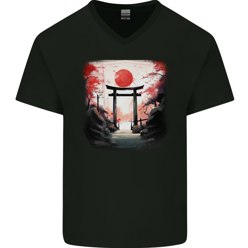 Japanese Tori Gate and Sunset Garden Mens V-Neck Cotton T-Shirt Black