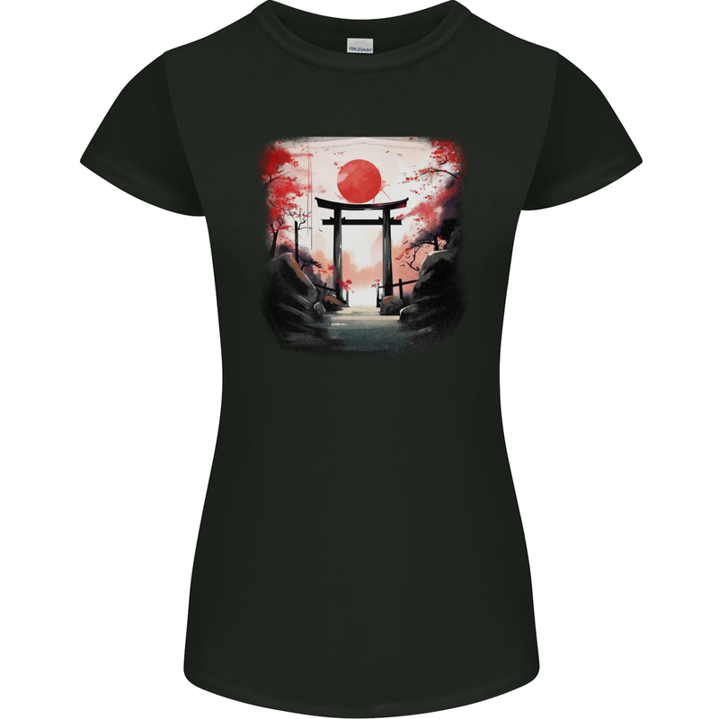 Japanese Tori Gate and Sunset Garden Womens Petite Cut T-Shirt Black