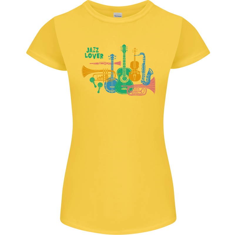 Jazz Lover Trumpet Saxophone Clarinet Womens Petite Cut T-Shirt Yellow