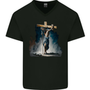Jesus Christ Carrying His Cross Mens V-Neck Cotton T-Shirt Black