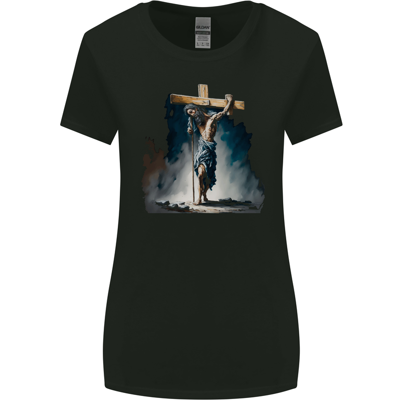 Jesus Christ Carrying His Cross Womens Wider Cut T-Shirt Black