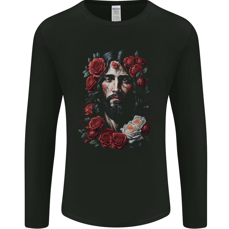 Jesus Christ With Roses Mens Long Sleeve T-Shirt Black