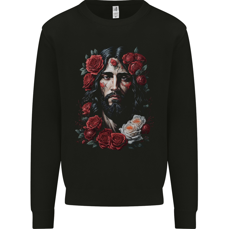 Jesus Christ With Roses Mens Sweatshirt Jumper Black
