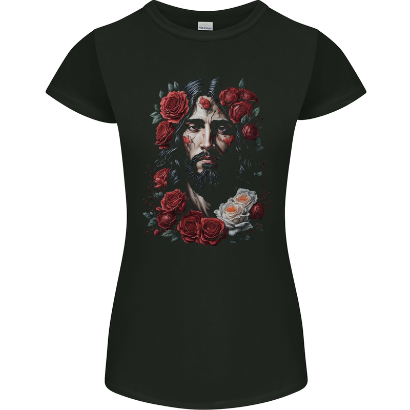 Jesus Christ With Roses Womens Petite Cut T-Shirt Black